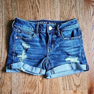 AMERICAN EAGLE Dark Wash Distressed Midi Jean Shorts, Size 0
